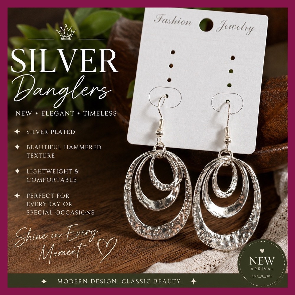 Silver Plated Hammered Triple Hoop Dangle Earrings Elegant Modern Tiered Ovals